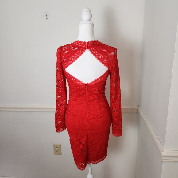 Bebe Dress XS Womens Red Lace Mini Cocktail Party Floral Open Back Vneck Fairy - Picture 2 of 13